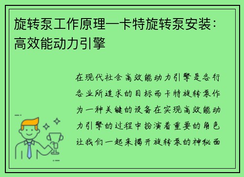 旋转泵工作原理—卡特旋转泵安装：高效能动力引擎